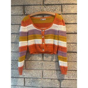Striped Multicolor Open-Knit Button-Up Cropped Cardigan